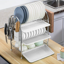 Load image into Gallery viewer, 3-Tier Dish Drying Rack Shelf with 3 Drain Trays Chopping Board