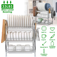 Load image into Gallery viewer, 3-Tier Dish Drying Rack Shelf with 3 Drain Trays Chopping Board