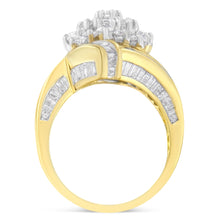 Load image into Gallery viewer, 10K Yellow Gold Round and Baguette Diamond Crossover Cluster Ring (3 Cttw, I-J Color, I1-I2 Clarity) - Size 7-1/2