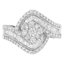 Load image into Gallery viewer, 14K White Gold 1 Cttw Baguette and Round Diamond Floral Swirl Cluster Cocktail Ring