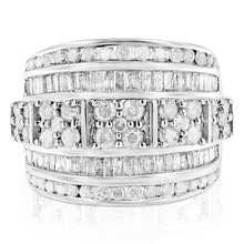 Load image into Gallery viewer, .925 Sterling Silver 2.0 Cttw Round & Baguette Cut Diamond Multi-Row Channel Set Tapered Cocktail Fashion Ring (I-J Color, I3 Clarity) - Size 7