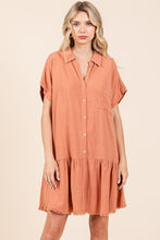 Load image into Gallery viewer, Linen Blend Button Down Shirt Mini Dress For Women – Casual, Classic Button-Down Design with Raw Hem and Tiered Detail