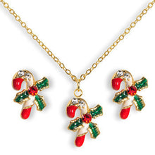 Load image into Gallery viewer, Gold Tone Gem Holiday Candy Cane Necklace and Stud Earrings Set