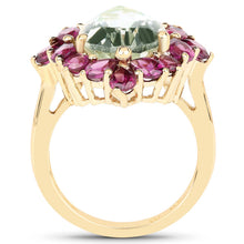 Load image into Gallery viewer, 14K Yellow Gold Plated 7.21 Carat Genuine Green Amethyst and Rhodolite .925 Sterling Silver Ring