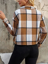 Load image into Gallery viewer, Women Brown Plaid Collared Neck Cropped Jacket Trendy & Versatile Outerwear