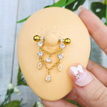Load image into Gallery viewer, 14G 9/16 Clear Gem Gold Tone Double Chain Dangle Nipple Ring Set