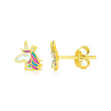 Load image into Gallery viewer, 14k Yellow Gold Enameled Unicorn Childrens Earrings