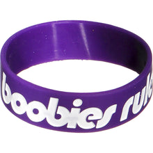 Load image into Gallery viewer, Purple White Boobies Rule Awareness for Breast Cancer Bracelet