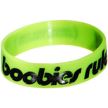 Load image into Gallery viewer, Lime Green Black Boobies Rule Awareness for Breast Cancer Bracelet