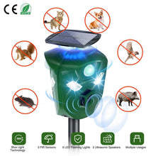 Load image into Gallery viewer, 360° Electric Solar Powered Ultrasonic Repeller with Motion Sensor LED Flashing Lights