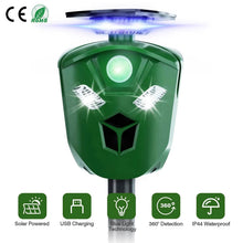 Load image into Gallery viewer, 360° Electric Solar Powered Ultrasonic Repeller with Motion Sensor LED Flashing Lights