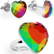 Load image into Gallery viewer, Rainbow Heart Adjustable Ring and Stud Earring Set