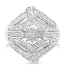 Load image into Gallery viewer, .925 Sterling Silver 1-1/8 Cttw Round & Baguette Diamond 'Flower & Fern' Cluster Cocktail Fashion Ring (I-J Color, I2-I3 Clarity) - Size 6