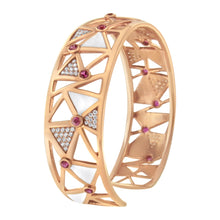 Load image into Gallery viewer, 14K Rose Gold 5/8 Cttw Diamond with Pink Tourmaline Open Cuff Bangle with White Enamel (G-H Color, SI1-SI2 Clarity) - 7"