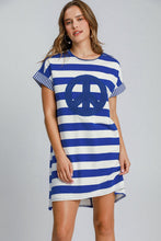 Load image into Gallery viewer, Peace Applique Striped Short Sleeve Mini Dress – Fun Peace Sign Detail, Striped Pattern, High-Low Design for a Trendy and Versatile Look