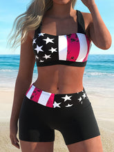 Load image into Gallery viewer, Bikini American Flag Print 2 Piece Criss Cross Halter Swimsuit for Women – High Stretch Patriotic Bikini Set with Ring Knot Back and Boxer Shorts Bottoms – Comfortable Summer Swimwear for Beach Pool and 4th of July Celebrations