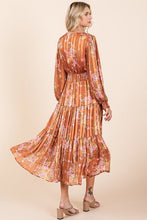 Load image into Gallery viewer, Flower Print Satin Lurex Stripe Smocked Midi Summer Dress β Elegant Midi Dress, Satin Lurex Dress, Floral Dress, Smocked Waist Dress, Romantic Midi Dress, Special Occasion Dress