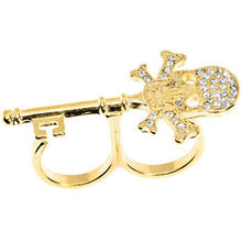 Load image into Gallery viewer, Gold Tone Crystalline Skull & Cross Bones Double Finger Ring