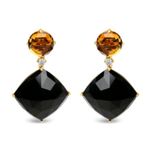 Load image into Gallery viewer, 18K Yellow Gold 1/5 Cttw Diamond with Round Yellow Citrine and Cushion Cut Black Onyx Gemstone Dangle Earring (G-H Color, SI1-SI2 Clarity)