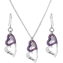 Load image into Gallery viewer, Purple Duo Floating Love Inscribed Heart Necklace and Earring Set