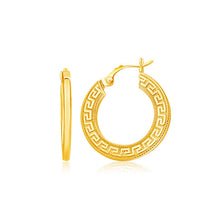 Load image into Gallery viewer, 14k Yellow Gold Greek Key Medium Hoop Earrings with Flat Sides