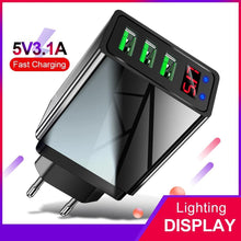 Load image into Gallery viewer, 3 Ports Black USB Charger EU US Plug LED Display 3.1A Fast Charging Smart Mobile Phone Charger