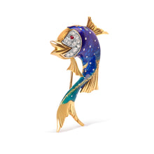 Load image into Gallery viewer, 18K Yellow Gold and Blue Enamel Diamond and Pink Sapphire Fish Brooch Pin (H-I Color, VS2-SI1 Clarity)