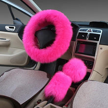 Load image into Gallery viewer, 3PCS Fur Steering Wheel Cover Set Real Sheepskin Auto Plush Warm Fluffy Fuzzy Women Winter Fashion Wool Fur Soft Furry Steering Wheel Covers Blue Fluffy Handbrake Cover Gear Shift Cover Fuzz Warm Non-slip Car Decoration Car Accessories for Women Girl