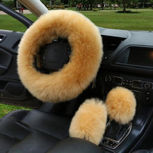 Load image into Gallery viewer, 3PCS Fur Steering Wheel Cover Set Real Sheepskin Auto Plush Warm Fluffy Fuzzy Women Winter Fashion Wool Fur Soft Furry Steering Wheel Covers Blue Fluffy Handbrake Cover Gear Shift Cover Fuzz Warm Non-slip Car Decoration Car Accessories for Women Girl