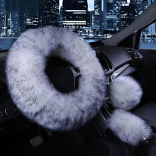 Load image into Gallery viewer, 3PCS Fur Steering Wheel Cover Set Real Sheepskin Auto Plush Warm Fluffy Fuzzy Women Winter Fashion Wool Fur Soft Furry Steering Wheel Covers Blue Fluffy Handbrake Cover Gear Shift Cover Fuzz Warm Non-slip Car Decoration Car Accessories for Women Girl