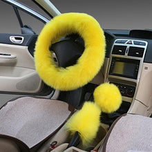 Load image into Gallery viewer, 3PCS Fur Steering Wheel Cover Set Real Sheepskin Auto Plush Warm Fluffy Fuzzy Women Winter Fashion Wool Fur Soft Furry Steering Wheel Covers Blue Fluffy Handbrake Cover Gear Shift Cover Fuzz Warm Non-slip Car Decoration Car Accessories for Women Girl