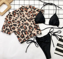 Load image into Gallery viewer, 3PCS Women's Leopard Bikini Swimwear Swimsuit Bathing Beach Holiday Short Sleeve Leopard Print 3 Piece Short Sleeve Bikini Set Swimsuit Micro Triangle Bathing suit