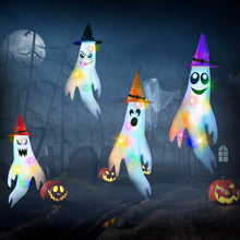 Load image into Gallery viewer, 4-Pieces: Halloween Ghosts with Witch Hats Windsocks Hanging Decoration with Colorful LED Light