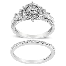 Load image into Gallery viewer, .925 Sterling Silver 1/3 Cttw Diamond 7 Stone Cluster and Halo Engagement Ring and Wedding Band Set (I-J Color, I1-I2 Clarity) - Size 7
