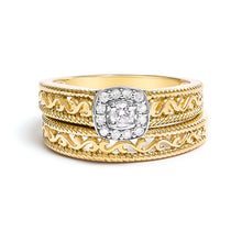 Load image into Gallery viewer, 14K Yellow Gold Plated .925 Sterling Silver 1/5 Cttw Diamond Halo and Milgrain Finish Engagement Ring Bridal Set (I-J Color I3 Clarity) - Size 7