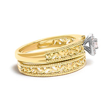 Load image into Gallery viewer, 14K Yellow Gold Plated .925 Sterling Silver 1/5 Cttw Diamond Halo and Milgrain Finish Engagement Ring Bridal Set (I-J Color I3 Clarity) - Size 7