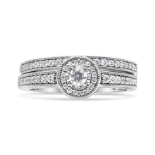 Load image into Gallery viewer, .925 Sterling Silver 1/2 Ctw Diamond Halo and Milgrain Engagement Ring Bridal Set (I-J Color, I3 Clarity) - Ring Size 7