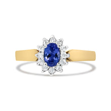 Load image into Gallery viewer, 14K Yellow Gold 1/5 Cttw Round Diamond and 6x4mm Oval Blue Tanzanite Halo Ring (H-I Color, I1-I2 Clarity) - Size 7.75