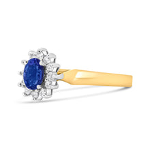 Load image into Gallery viewer, 14K Yellow Gold 1/5 Cttw Round Diamond and 6x4mm Oval Blue Tanzanite Halo Ring (H-I Color, I1-I2 Clarity) - Size 7.75