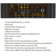 Load image into Gallery viewer, Portable Bluetooth Speaker with Subwoofer Bass, Dual 6.5" LED Woofers and Microphone