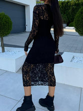 Load image into Gallery viewer, Black Lace Round Neck Long Sleeve Midi Dress Timeless & Elegant Design Women Dress