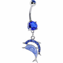Load image into Gallery viewer, Blue Gem Double Leaping Dolphin Dangle Belly Ring