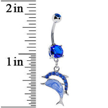 Load image into Gallery viewer, Blue Gem Double Leaping Dolphin Dangle Belly Ring