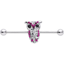 Load image into Gallery viewer, Pink and Clear Gem Paved Owl Industrial Barbell 37mm