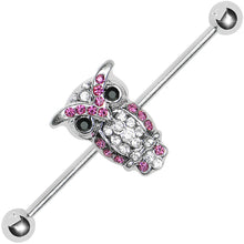 Load image into Gallery viewer, Pink and Clear Gem Paved Owl Industrial Barbell 37mm