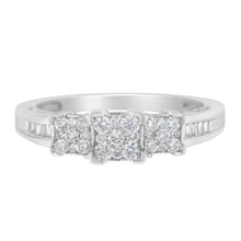 Load image into Gallery viewer, 10K White Gold 1/2 Cttw Brilliant & Baguette Cut Diamond 3 Stone Design with 3 Square Clusters Engagement Ring (H-I Color, SI2-I1 Clarity) - Size 6-3/4