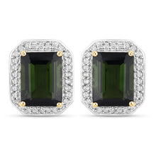 Load image into Gallery viewer, 3.57 Carat Genuine Green Tourmaline and White Diamond 14K Yellow Gold Earrings