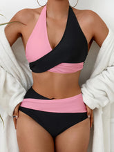 Load image into Gallery viewer, Bikini Black and White Contrast Color Criss Cross Neck 2 Piece Swimsuit for Women – Stylish Medium Stretch Two-Tone Bikini Set with Unique Neckline and Flattering Fit – Modern Swimwear for Beach Days, Pool Lounging, and Summer Escapes