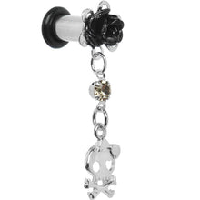 Load image into Gallery viewer, Black Rose Flower Skull Crossbones Dangle Plug Sizes 5mm to 12mm