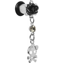 Load image into Gallery viewer, Black Rose Flower Skull Crossbones Dangle Plug Sizes 5mm to 12mm